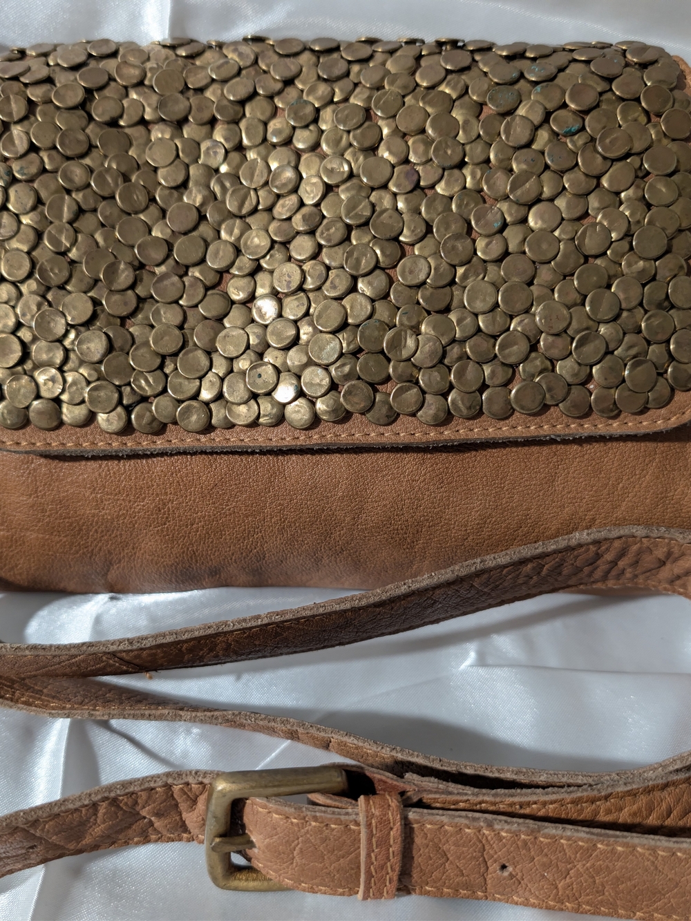 Monserat De Lucca Brass Tone Studded Leather Crossbody Small Front Magnet Flap